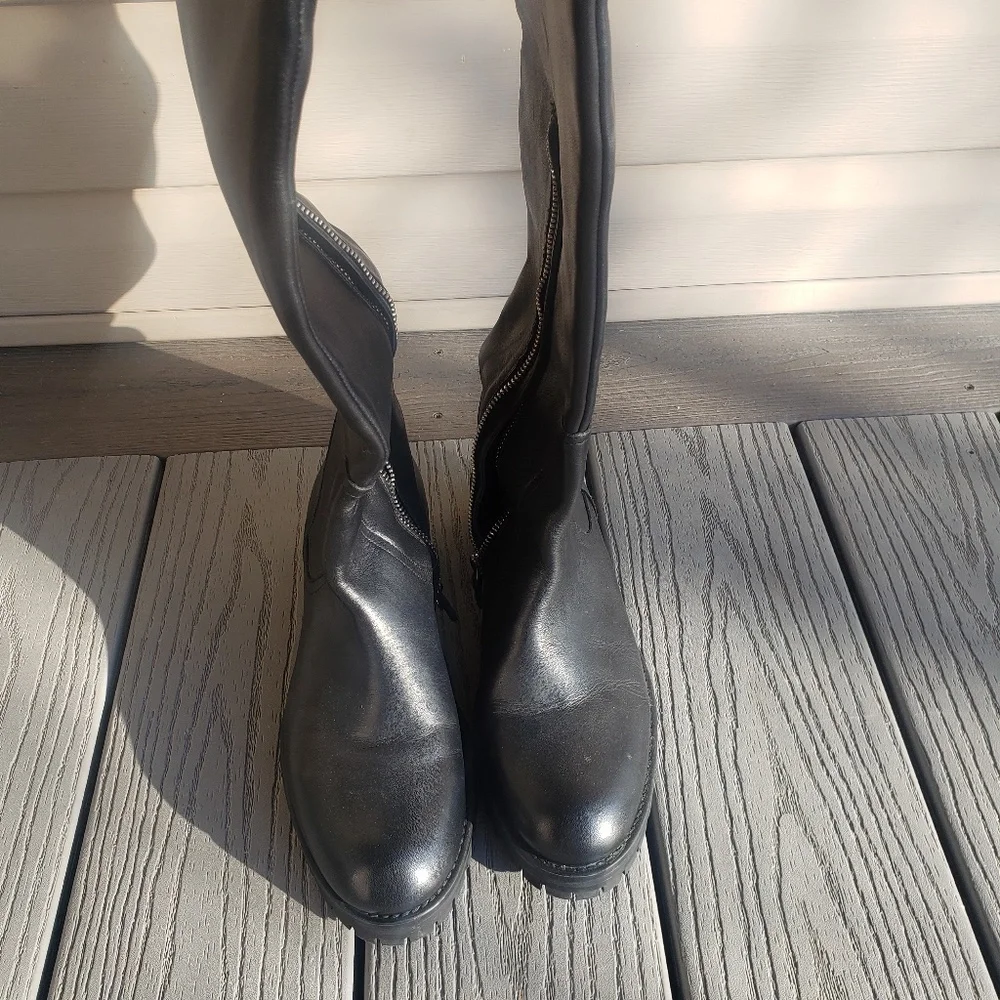 ZARA Leather 2 Buckle Over The Knee Lug Sole Tall Boots - Picture 7 of 13